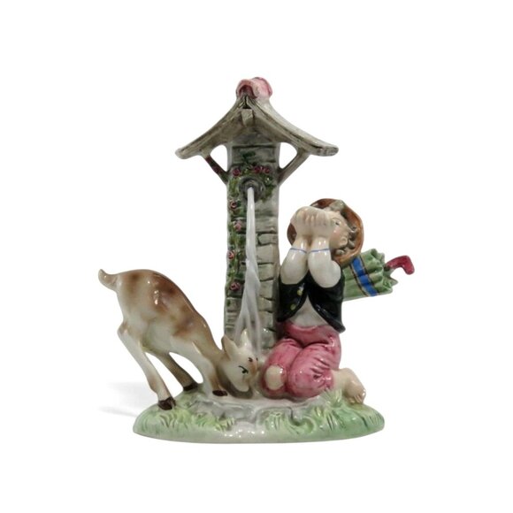 FONTANINI Italian Ceramic Child and Deer Fawn Well Figurine Italy Vintage 9" - Picture 1 of 10